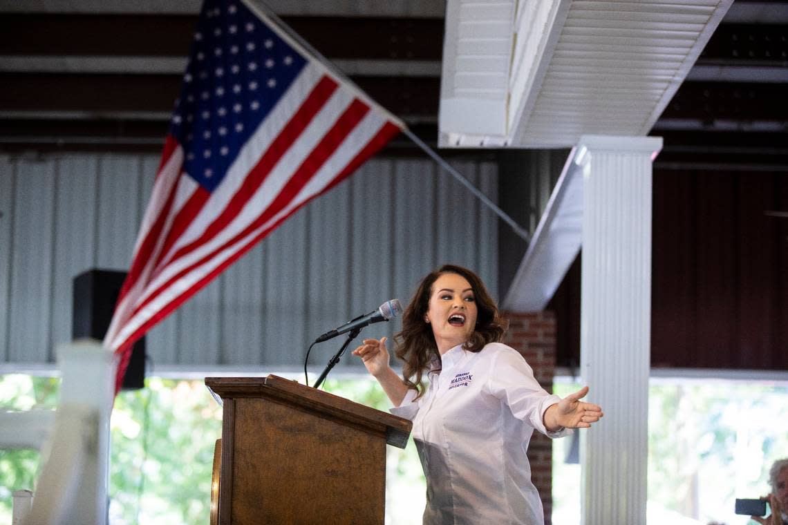 Candidate for Governor Savannah Maddox speaks the crowd gathered for the 142nd annual St. Jeromes Fancy Farm Picnic before politicians deliver speeches in Fancy Farm, Ky., Saturday, August 6, 2022.