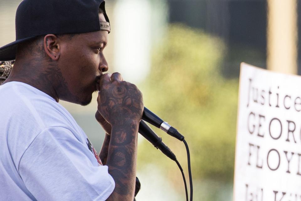Rapper YG speaks during the YG x BLMLA x BLDPWR protest and march on June 07, 2020 in Los Angeles, California.