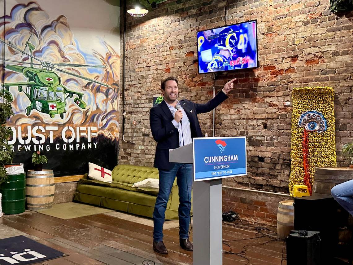 Democratic nominee for South Carolina Governor Joe Cunningham speaks Sunday at a campaign event in Rock Hill ahead of the Nov. 8 election.