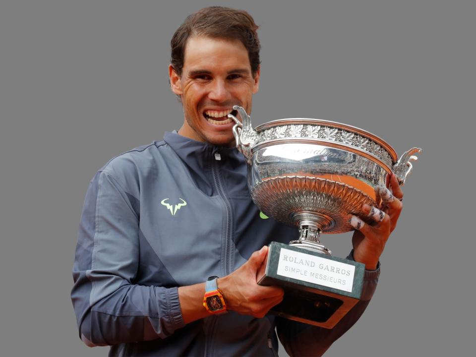 Rafael Nadal, of Spain, celebrates his record 12th French Open tennis tournament title at 2019 French Open, graphic element on gray