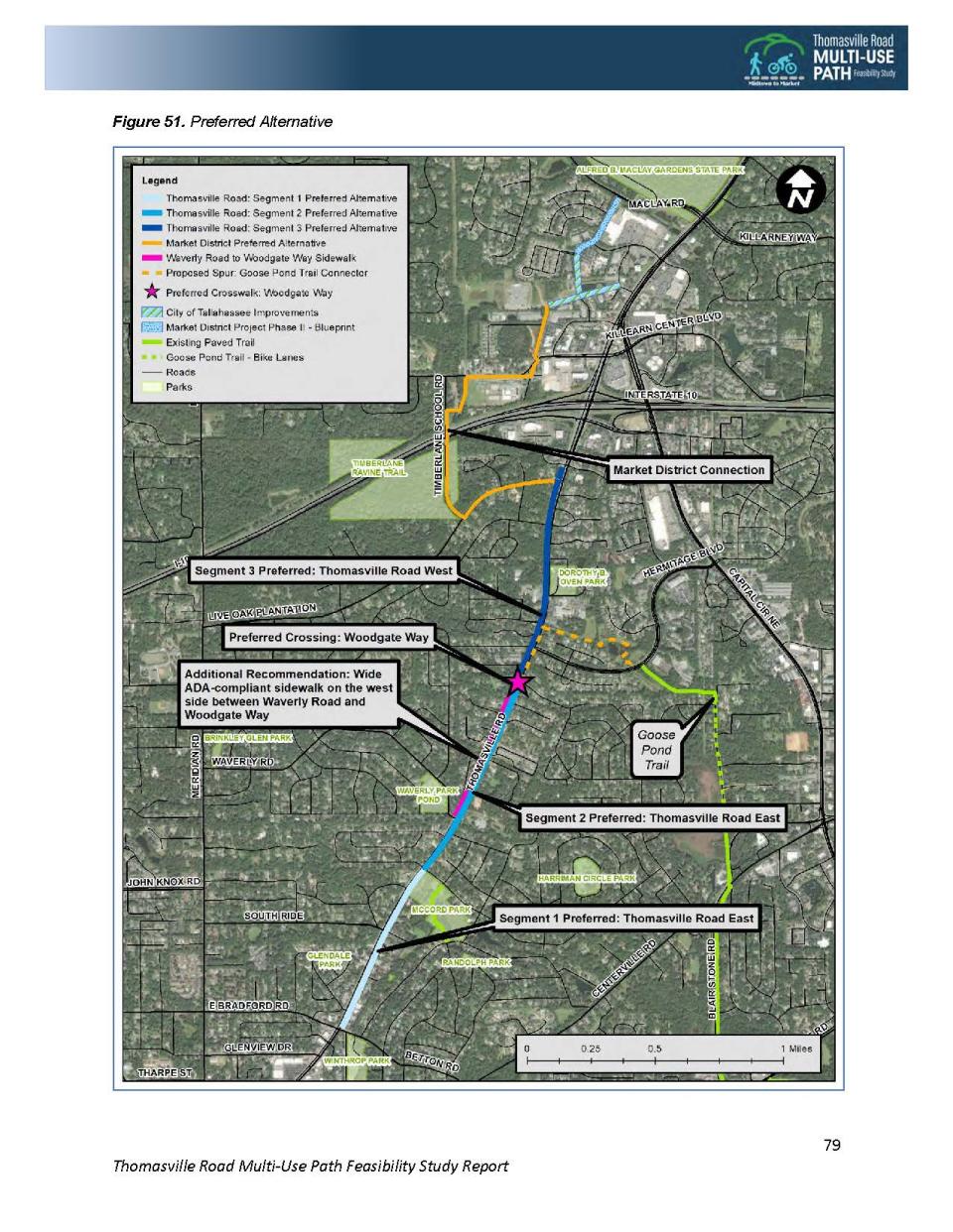 A map of the preferred alternative for the proposed Thomasville Road Multi-use Path.