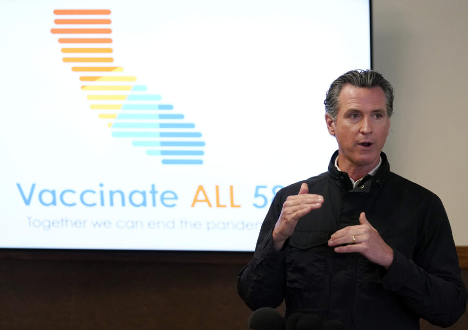 FILE - In this March 10, 2021 file photo, California Gov. Gavin Newsom addresses the media during a visit to a vaccination center in South Gate, Calif. Newsom acknowledged mistakes in his handling of the coronavirus pandemic, but insists the recall effort against him has more to do with politics than the public health crisis. Newsom made his most direct comments yet about the push to unseat him during an interview Friday, March 12 with KQED, saying his opponents are taking aim at his his broader progressive policy agenda. (AP Photo/Marcio Jose Sanchez, File)