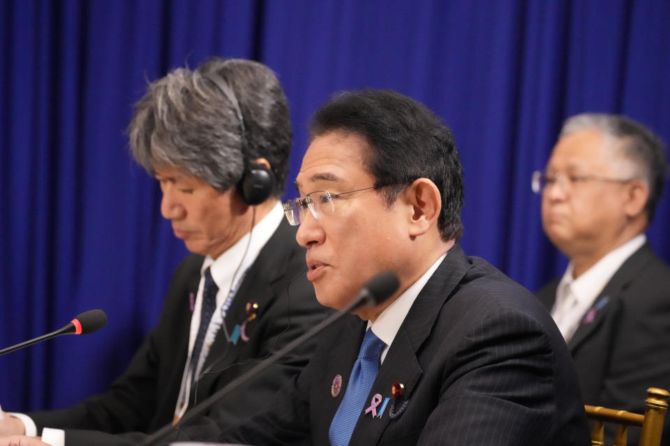 Japanese Prime Minister Fumio Kishida speaks during a meeting with U.S. President Joe Biden and South Korean President Yoon Suk Yeol on the sidelines of the Association of Southeast Asian Nations (ASEAN) summit, Sunday, Nov. 13, 2022, in Phnom Penh, Cambodia. (AP Photo/Alex Brandon)