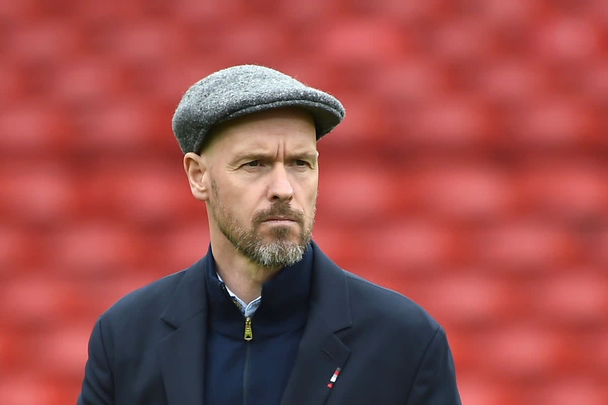 Manchester United’s head coach Erik ten Hag walks on the pitch ahead the English Premier League soccer match between Nottingham Forest and Manchester United at City ground in Nottingham, England, Sunday, April 16, 2023. (AP Photo/Rui Vieira) (AP)