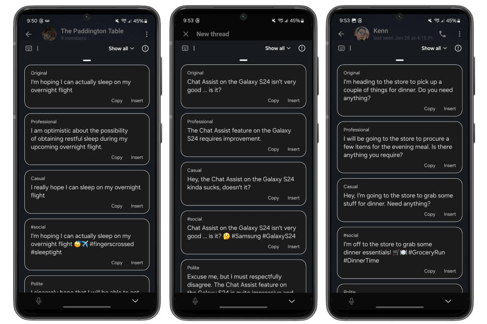 Screenshots of Chat Assist examples from the Samsung Galaxy S24.