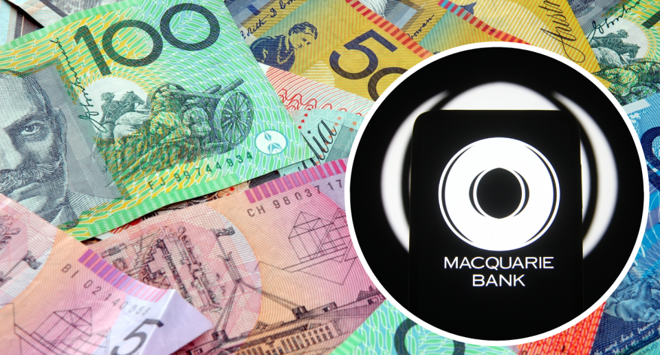 Australian cash banknotes with inset of Macquarie Bank logo.