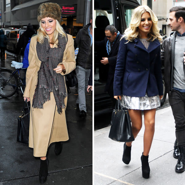 <b>Mollie King </b><br><br>The Saturdays singer looked stylish as she promoted Chasing The Saturdays in New York. She sported an oversized mac and fur coat (left) before wearing a navy pea coat and Prada bag later in the week.<br><br>Image © Rex