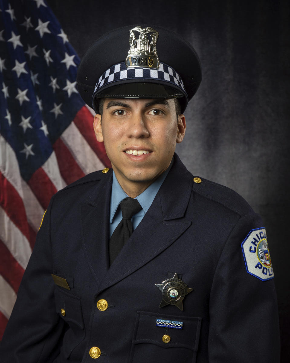 This undated image released by the Chicago Police Department shows officer Andres Vasquez-Lasso, who died after he was wounded in a shootout with a man who was reportedly chasing a woman with a gun in Chicago, authorities said Thursday, March 2, 2023. (Chicago Police Department via AP)