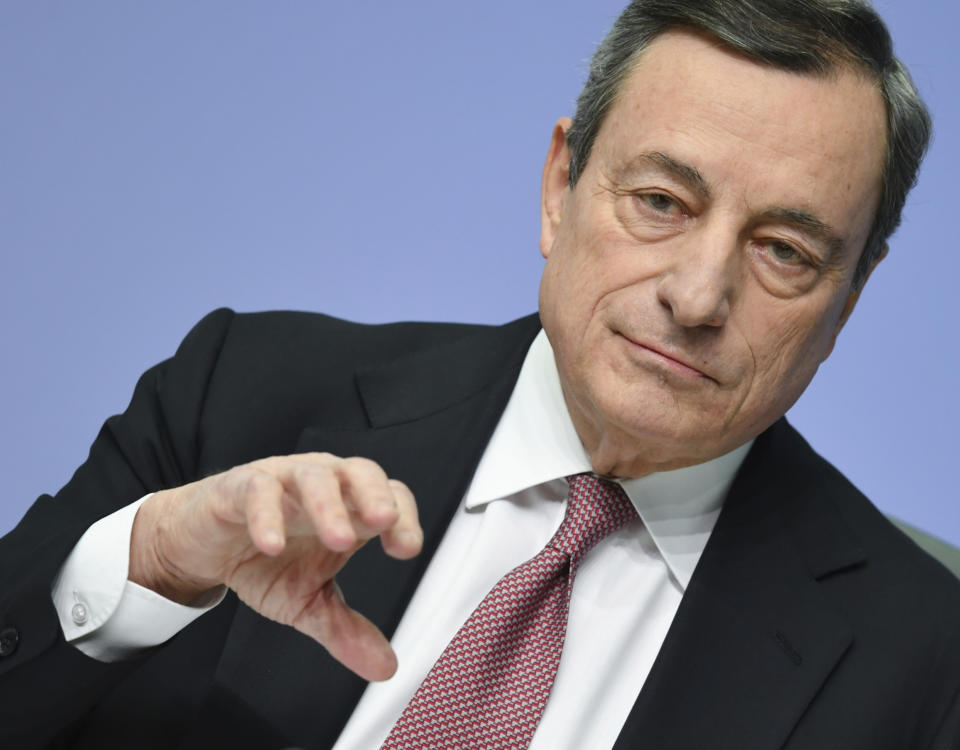 President of European Central Bank Mario Draghi talks to the media during a press conference following the meeting of the ECB governing council in Frankfurt, Germany,Thursday, Jan.24, 2019. (Arne Dedert/dpa via AP)