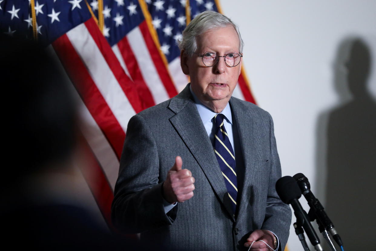 U.S. Senate Minority Leader Mitch McConnell (R-KY) speaks to reporters after the weekly Republican caucus policy luncheon on Capitol Hill in Washington, U.S., January 26, 2021.  REUTERS/Jonathan Ernst