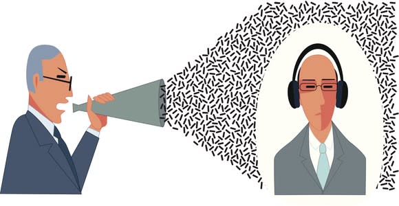 Cartoon of one man shouting into a loudspeaker while another ignores him with headphones on.