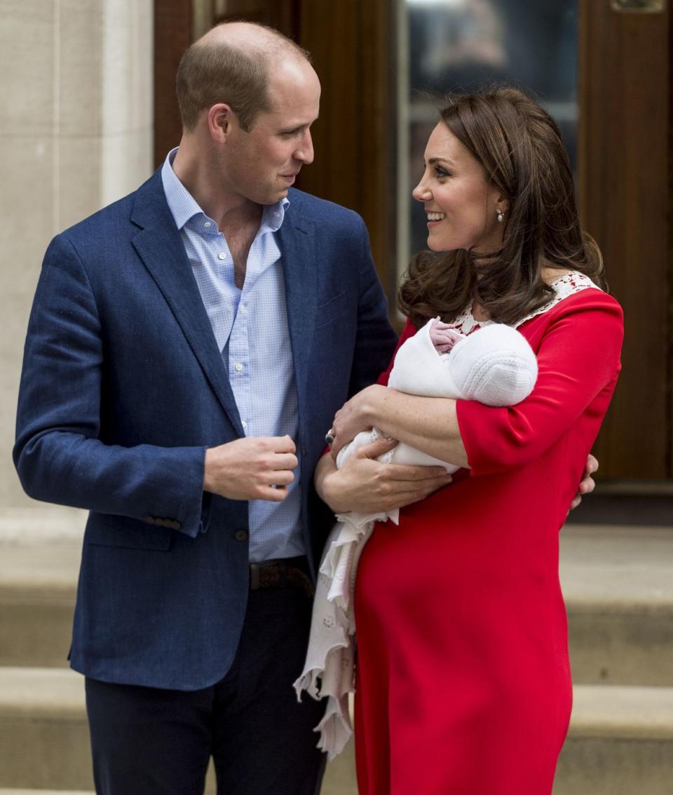 <p>The couple looked lovingly into each other's eyes as they welcomed their third child, Prince Louis, to the world outside the Lindo Wing, St Mary's Hospital, April 2018. </p>