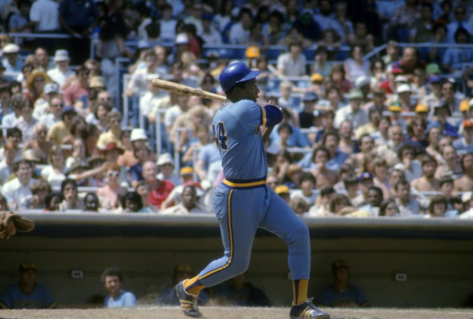 BRONX, NY - CIRCA 1975: Outfielder Hank Aaron #44 Of the Milwaukee Brewers swings and watches the flight of his ball against the New York Yankees circa 1975 during a Major League Baseball game at Yankee Stadium in Bronx, New York. Aaron played for the Brewers from 1975-76. (Photo by Focus on Sport/Getty Images)