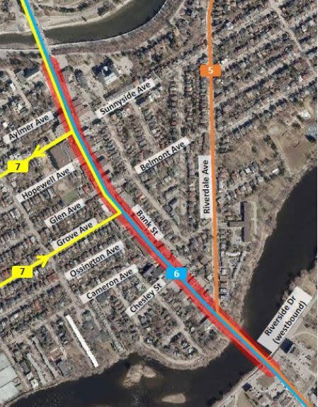 A an aerial image showing the stretch of Bank Street staff studied for the report, with Billings Bridge at the lower right.