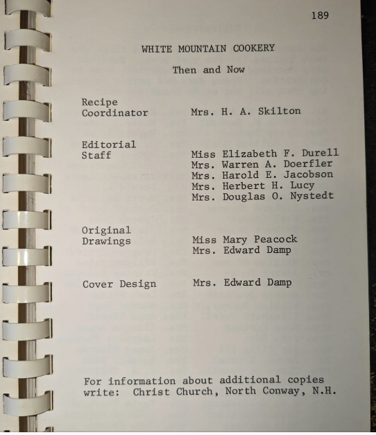 Page 189 of "White Mountain Cookery: Then and Now" lists team members, including recipe coordinator Mrs. H. A. Skilton and cover designer Mrs. Edward Damp