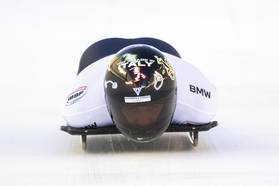 Amedeo Bagnis of Italy in action during the Men's Skeleton World Cup in St. Moritz, Switzerland, on Friday, January 12, 2024. (Mayk Wendt/Keystone via AP)