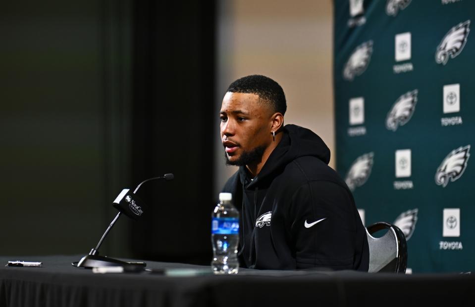 Mar 14, 2024; Philadelphia, PA, USA; Philadelphia Eagles running back Saquon Barkley speaks during a press conference after signing with the Eagles. Mandatory Credit: Kyle Ross-USA TODAY Sports