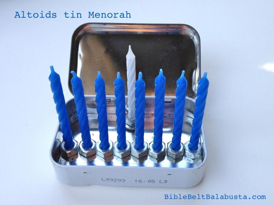 <p>Make a teeny tiny menorah perfect for travel using the tin from Altoids mints. Super glue nuts from the hardware store to hold the candles inside.</p><p><em><a href="https://biblebeltbalabusta.com/2013/11/12/altoids-tin-menorah/" rel="nofollow noopener" target="_blank" data-ylk="slk:Get the tutorial at Bible Belt Balabusta;elm:context_link;itc:0;sec:content-canvas" class="link ">Get the tutorial at Bible Belt Balabusta</a></em></p>