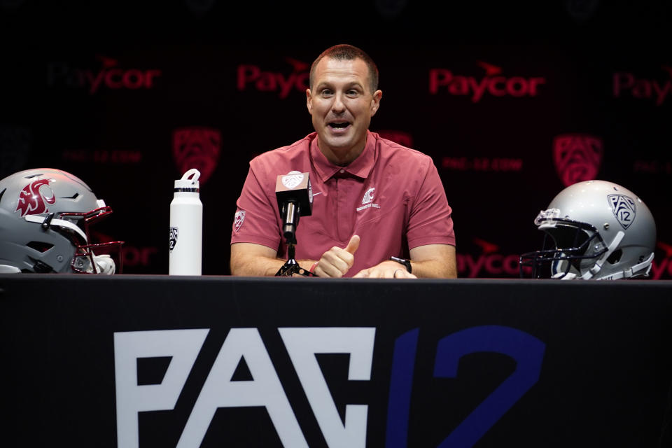 Washington State head coach Jake Dickert speaks during Pac-12 Conference men's NCAA college football media day Friday, July 29, 2022, in Los Angeles. (AP Photo/Damian Dovarganes)