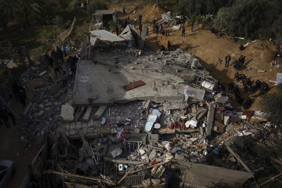 Palestinians check destruction after an Israeli strike in Rafah, Gaza Strip, Monday, March 4, 2024. (AP Photo/Fatima Shbair)