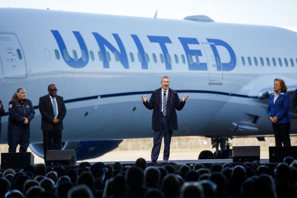 United Airlines CEO Scott Kirby speaks during a joint press event with Boeing at the Boeing manufacturing facility in North Charleston, South Carolina, on December 13, 2022.