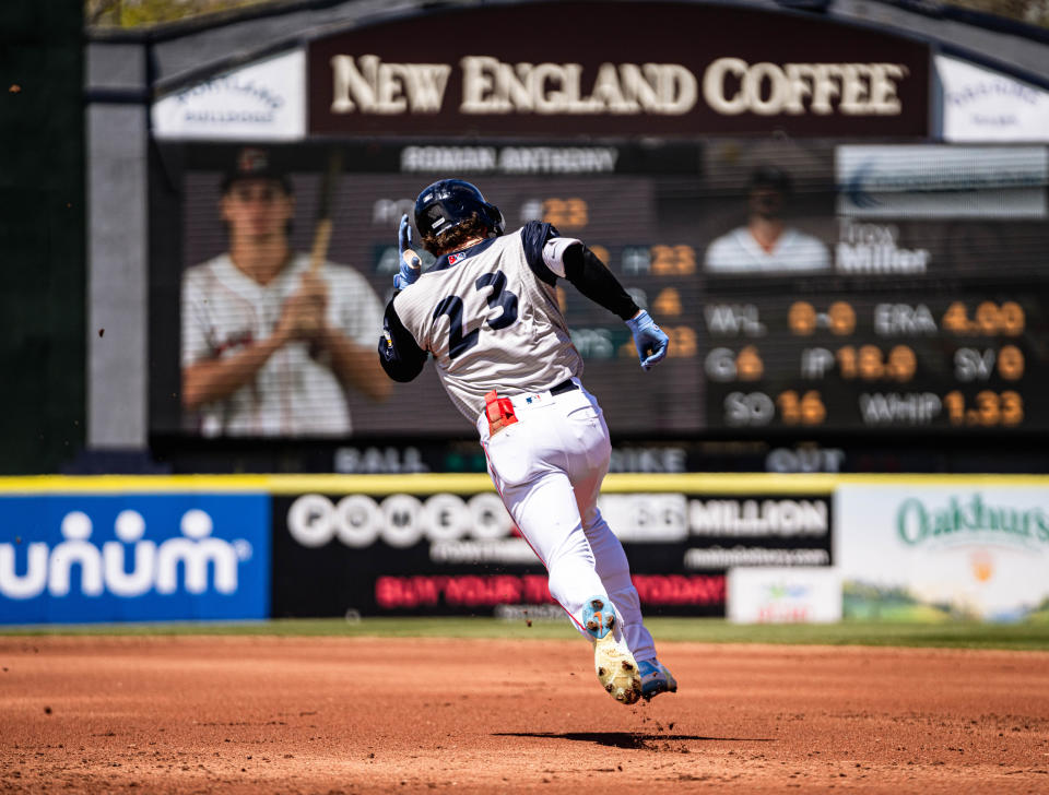 Portland Sea Dogs player Roman Anthony rounds the bases during a game at Hadlock Field in Portland, Maine on Friday, May 10, 2024.