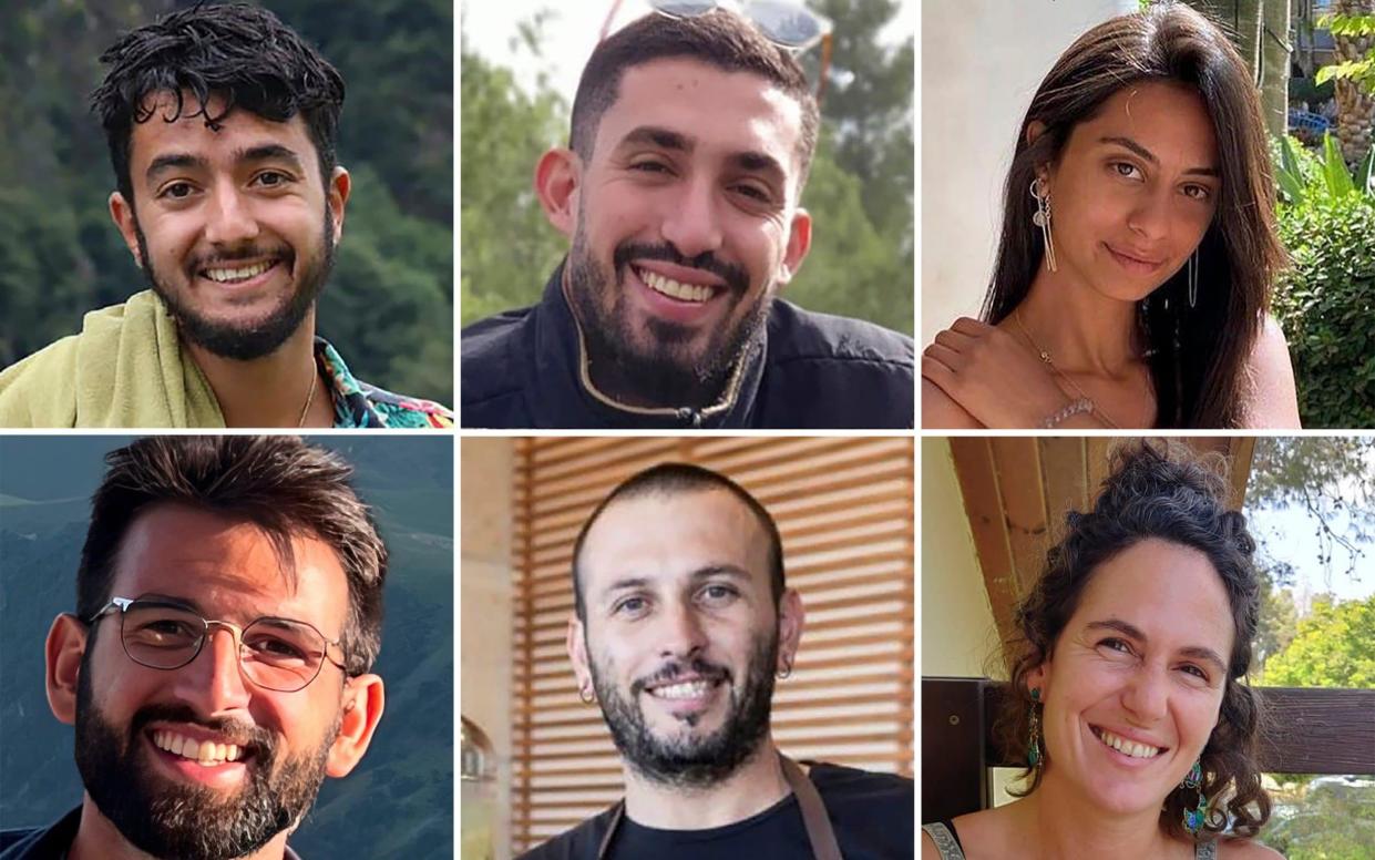 From top left, Hersh Goldberg-Polin, Ori Danino, Eden Yerushalmi, from bottom left, Almog Sarusi, Alexander Lobanov, and Carmel Gat were killed by Hamas