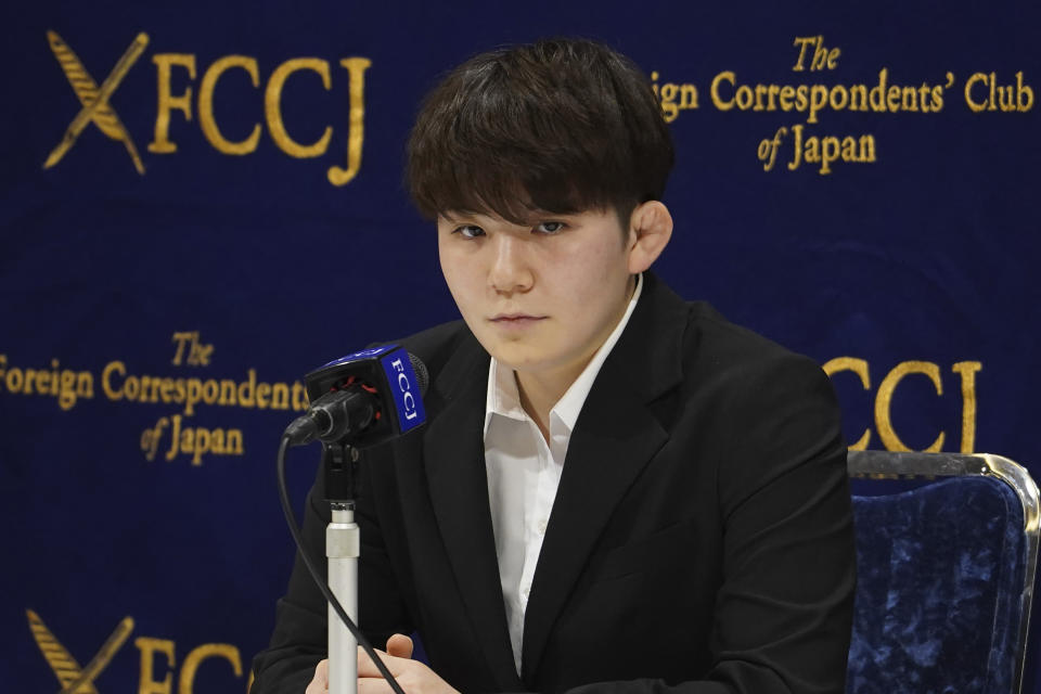 Rina Gonoi, former member of the Japan Ground Self-Defense Forces, speaks during the press conference at the Foreign Correspondents' Club of Japan, Monday, Dec. 19, 2022, in Tokyo. Gonoi filed a sexual harassment case with the Defense Ministry last year, saying she had suffered multiple assaults by a number of male colleagues, causing her to give up her military career. (AP Photo/Eugene Hoshiko)