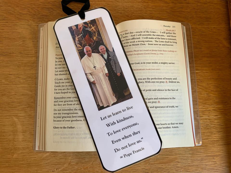 Sister Jeannine Gramick has been a longtime advocate for LGBTQ people in the Catholic Church. She met with Pope Francis in October and a friend made her a bookmark with the photo she has with the pope. Gramick keeps it tucked inside her prayer book.