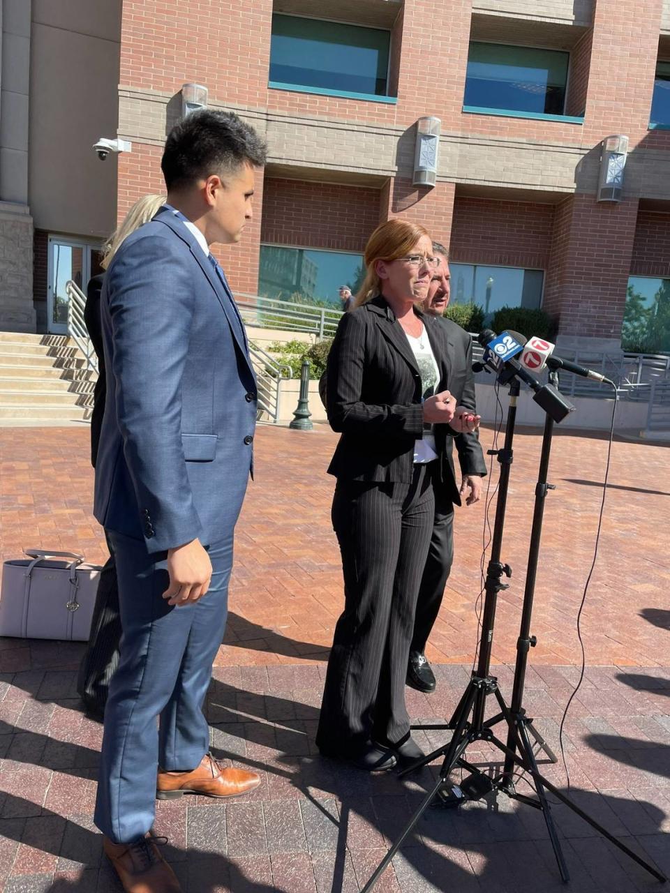 Melissa Walton, center, speaks about her son’s death at the hands of Boise police officers at a news conference in 2022 at the Ada County Courthouse. She is joined by Christian Contreras on her right, and Humberto Guizar on her left, lawyers in her lawsuit against the Boise Police Department. Rachel Spacek