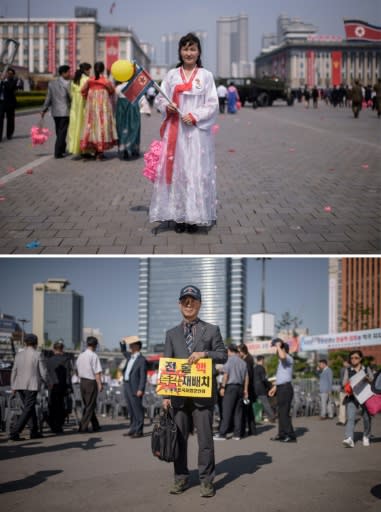 Ri Kum Hui (top) poses after a military parade and mass rally in Pyongyang, and retired rear-admiral Park Sae-hun (bottom) at a protest in Seoul to demand the redeployment of US tactical nuclear weapons in South Korea