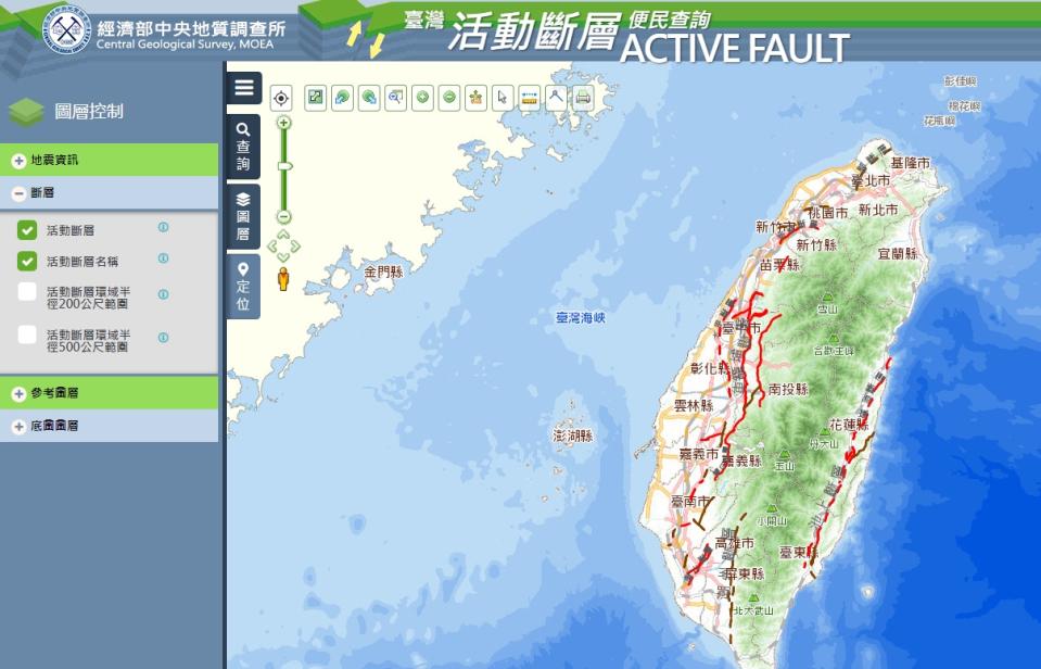 從這網站可以查詢自家是否位於斷層帶上。（圖／翻攝自台灣活動斷層分布網站）