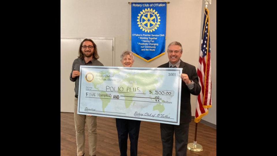 The Rotary Club of O’Fallon made a $500 donation to The Rotary International PolioPlus Fund. A check was presented to District 6510 Governor, Chris Lyons, who spoke at the club’s weekly meeting at the Katy Cavins Community Center. Pictured left to right: Ryan Johnson (Club President), Shirley Frost (Foundation Co-Chair), Chris Lyons (District Governor).