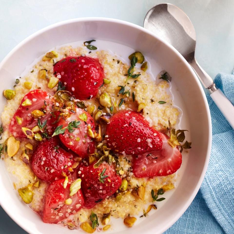 strawberry thyme millet bowl with a napkin and spoon