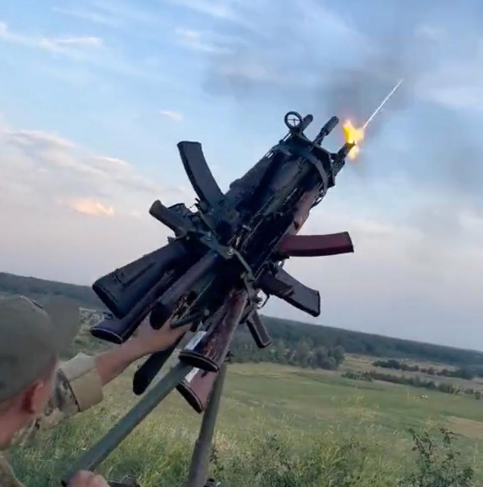 Improvised anti-drone weapon firing on targets. <em>Twitter screen cap</em>