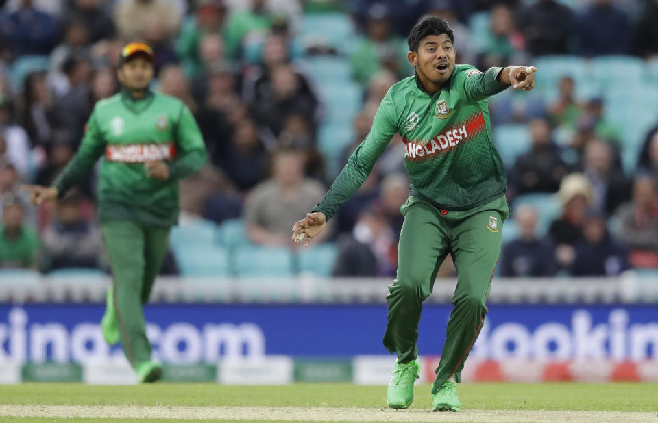 Bangladesh's Mosaddek Hossain celebrates taking the wicket of New Zealand's Ross Taylor during the World Cup cricket match between Bangladesh and New Zealand at The Oval in London, Wednesday, June 5, 2019. (AP Photo/Kirsty Wigglesworth)