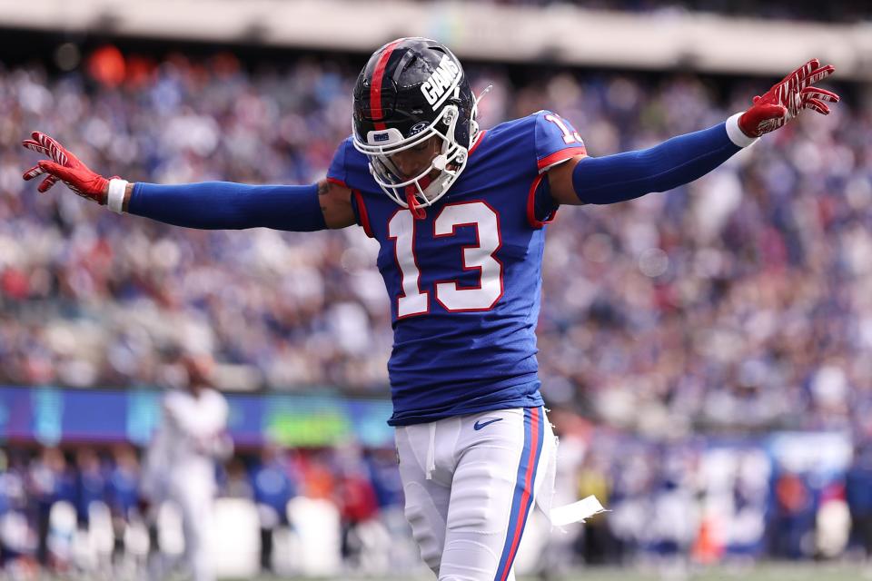 EAST RUTHERFORD, NEW JERSEY - OCTOBER 22: Jalin Hyatt #13 of the New York Giants reacts to an incomplete pass during the second quarter of the game against the Washington Commanders at MetLife Stadium on October 22, 2023 in East Rutherford, New Jersey. (Photo by Dustin Satloff/Getty Images)