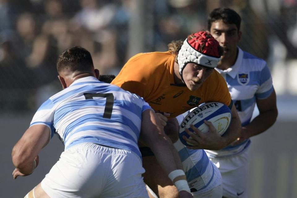 Wallabies flanker Fraser McReight is tackled by Argentina's Marcos Kremer.