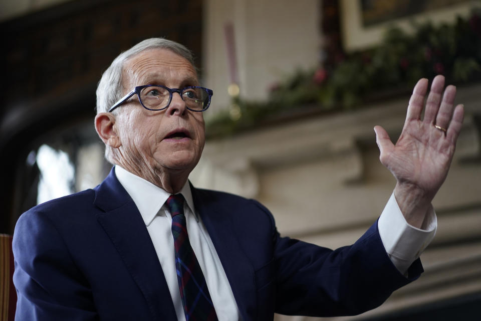 Ohio Gov. Mike DeWine speaks during an interview with The Associated Press at the Ohio Governor's Residence in Columbus, Ohio, Thursday, Dec. 21, 2023. (AP Photo/Carolyn Kaster)