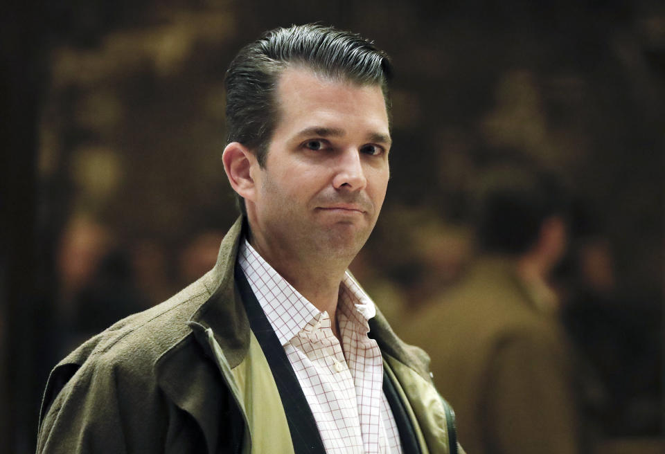 In this Nov. 16, 2016 photo, Donald Trump Jr., son of President-elect Donald Trump, walks from the elevator at Trump Tower in New York. Donald Trump Jr.'s scheduled visit to Capitol Hill on Thursday marks a new phase in the Senate investigation of Moscow's meddling in the 2016 election and a meeting that the president's eldest son had with Russians during the campaign. Staff from the Senate Judiciary Committee _ one of three congressional committees conducting investigations _ plan to privately interview the younger Trump.   (AP Photo/Carolyn Kaster)