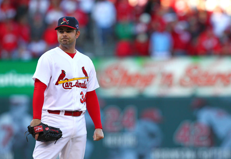 Marc Rzepczynski #34 of the St Louis Cardinals looks on after giving up the game leading run in the eighth inning against the Washington Nationals during Game One of the National League Division Series at Busch Stadium on October 7, 2012 in St Louis, Missouri. (Photo by Dilip Vishwanat/Getty Images)