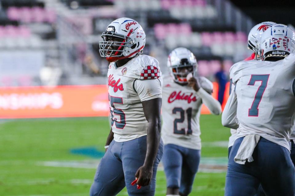 Gibbons linebacker Tray Brown (55) celebrates a sack during the Class 4A State Championship game between Cardinal Gibbons and Cocoa Beach at DRV PNK Stadium in Fort Lauderdale, FL., on Thursday, December 16, 2021. Final score, Gibbons 21, Cocoa, 19.