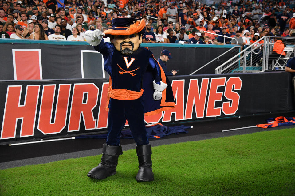 MIAMI, FLORIDA - OCTOBER 11: Virginia Cavaliers mascot in action during the game against the Miami Hurricanes in the half at Hard Rock Stadium on October 11, 2019 in Miami, Florida. (Photo by Mark Brown/Getty Images)