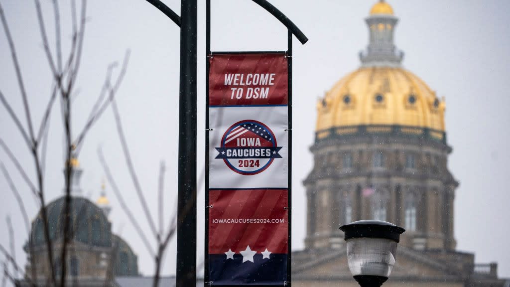  A caucus banner in front of the Iowa capitol. 