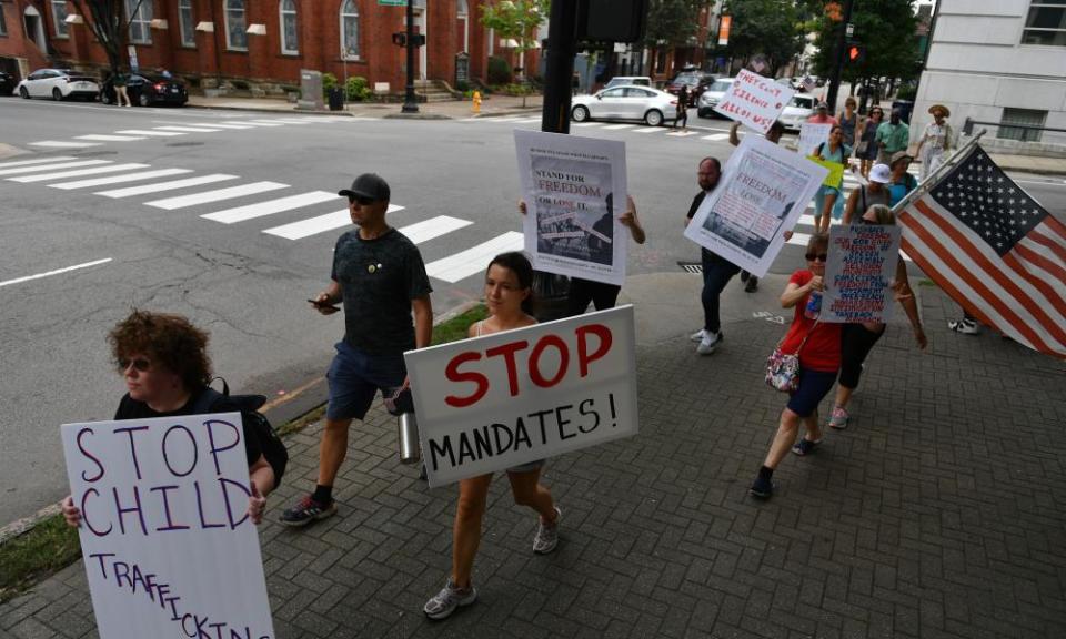 Anti-vaccine protesters rally against coronavirus restrictions in Raleigh, North Carolina, at the weekend.