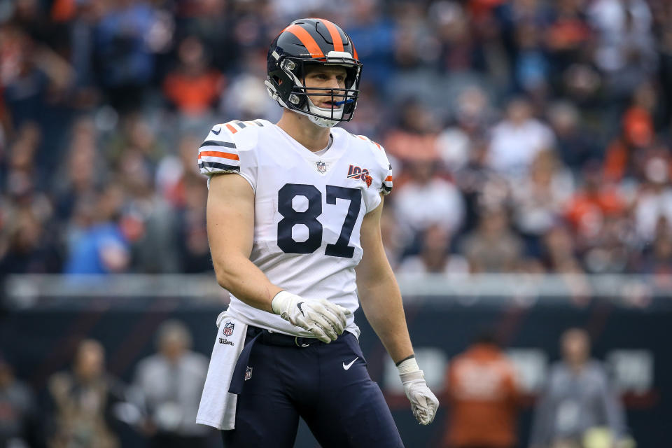 CHICAGO, ILLINOIS - SEPTEMBER 29:  Adam Shaheen #87 of the Chicago Bears walks across the field before the game against the Minnesota Vikings at Soldier Field on September 29, 2019 in Chicago, Illinois. (Photo by Dylan Buell/Getty Images)