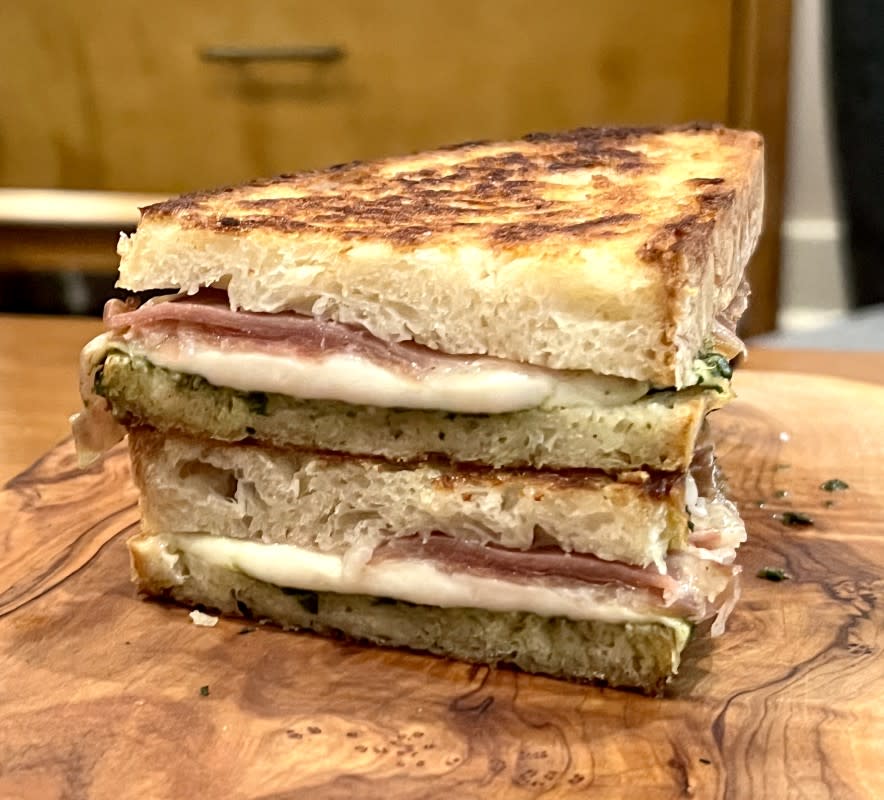 <p>Theresa Greco</p><p>A toasted buttery panini with basil pesto melted mozzarella cheese and juicy prosciutto.</p><p><strong>Get the recipe: </strong><a href="https://parade.com/food/stanley-tucci-favorite-cheesy-panini-review" rel="nofollow noopener" target="_blank" data-ylk="slk:Grilled Prosciutto & Mozzarella Panini;elm:context_link;itc:0;sec:content-canvas" class="link "><strong>Grilled Prosciutto & Mozzarella Panini</strong></a></p>