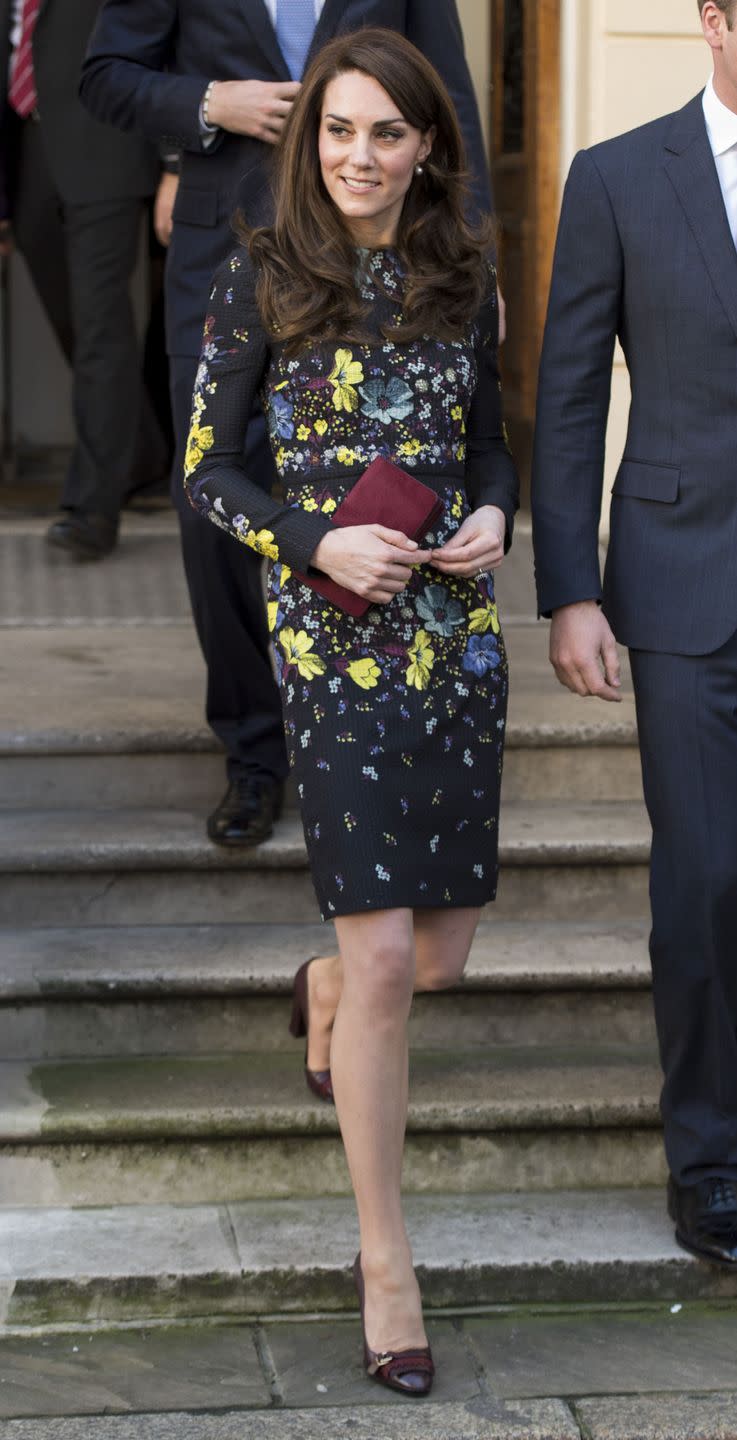 <p>Here, Kate was attending a briefing to announce plans for the Heads Together charity in 2017. She paired her dress featuring moody florals with burgundy accessories.</p>