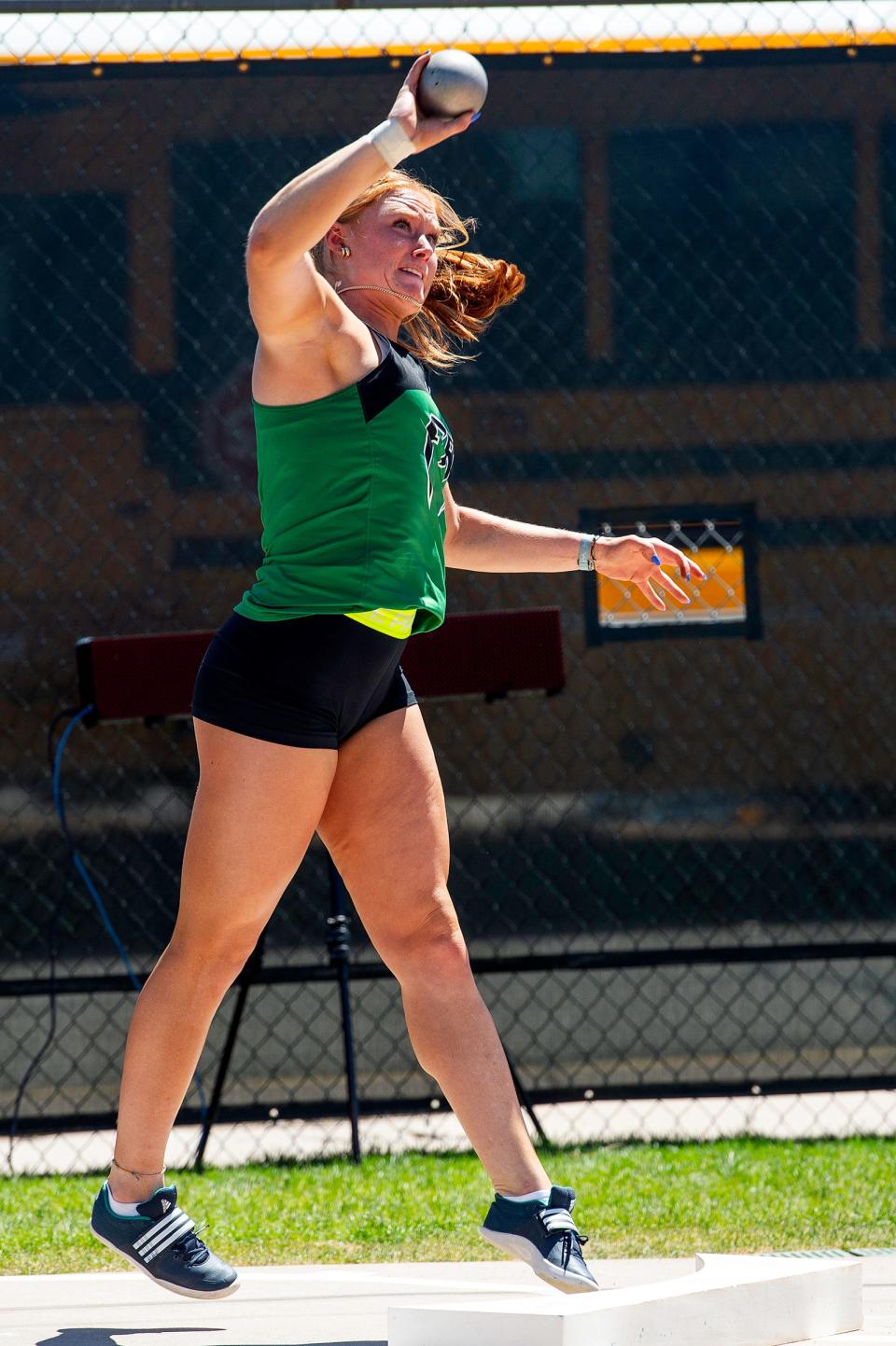 Fossil’s Erin Herrmann takes her throw at the 5A girls shot put during the Colorado track & field state championships on Friday, May 17, 2024 at Jeffco Stadium in Lakewood, Colo.