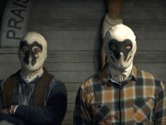 Members of white supremacist group, the Seventh Kavalry, wear Rorschach masks in Damon Lindelof’s ‘Watchmen’ series (HBO)